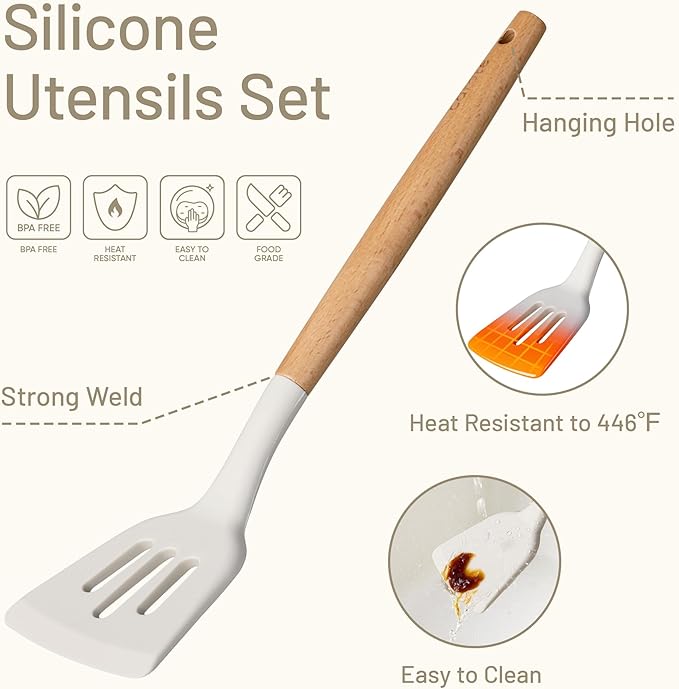 CAROTE Silicone Cooking Utensils Set, Kitchen Utensils Set 10 Pcs for cooking, BPA Free Spatula Set with Heat Resistant Wood Handles for Nonstick Cookware (Cream White)
