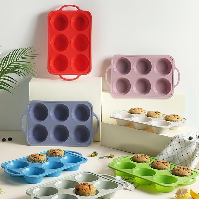 Socisen 2 Packs 6 Cups Silicone Muffin Pan with Metal Reinforced Frame Jumbo Size Cupcake Pan Tray Egg Bites Silicone Molds Muffin Tin Tart Pans Bundt Pan Reposteria Accesorios Moldes Para Pasteles
