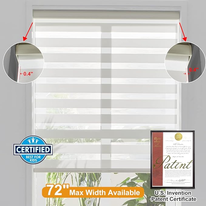 Persilux Cordless Zebra Blinds for Windows Free-Stop Roller Shades (71" W X 72" H, Cream) Dual Layer Light Cintrol for Day and Night, Light Filtering Sheer Shades for Home, Easy to Install