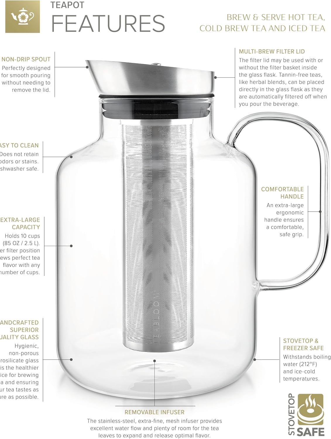Teabloom Extra-Large Multi-Brew Borosilicate Glass Teapot + Kettle + Pitcher – Steep and Serve Hot Tea, Iced Tea, Cold Brew Tea and Fruit Infused Water – Legacy Tea Maker (51 OZ or 85 OZ)