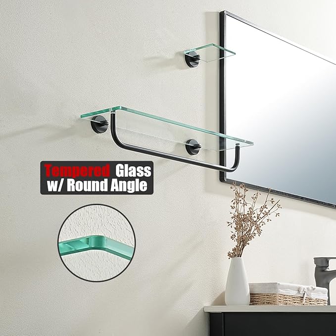 JQK Bathroom Glass Shelf, Shelf with 19 Inch Towel Bar Tempered Glass Shower Storage 20 by 5 inches, 304 Stainless Steel Matte Black Wall Mount, TGS100L20-PB