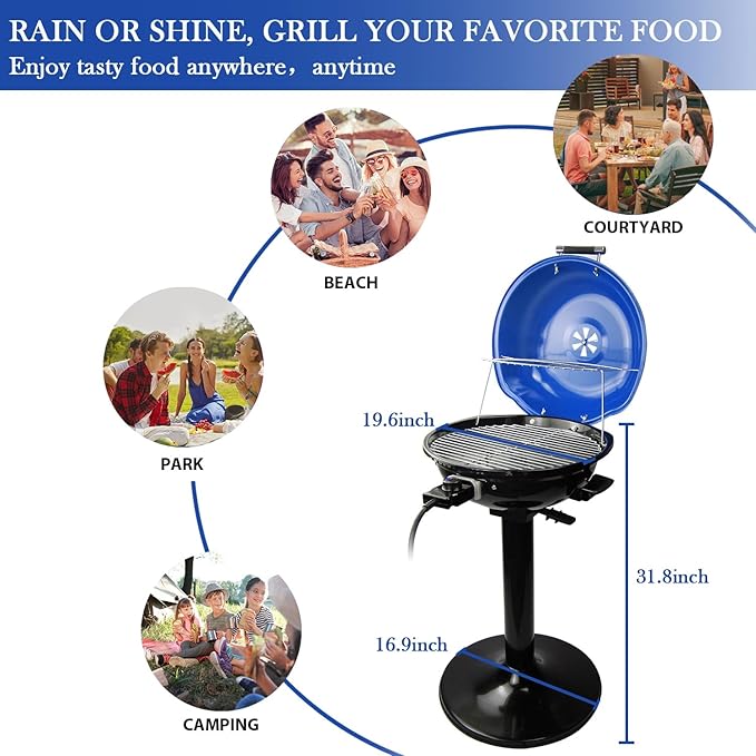 Electric Grill, Techwood Indoor/Outdoor Electric BBQ Grill, 1600W Portable Removable Stand Grill with Adjustable Heat & Drip Tray, Double Layer Design for Party, Patio & Backyard (Blue)