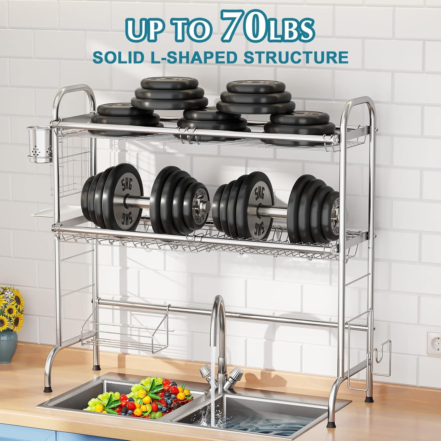 HOWDIA Stainless Steel 2-Tier Over The Sink Dish Drying Rack with Utensil Holder, Large, for Kitchen Counter