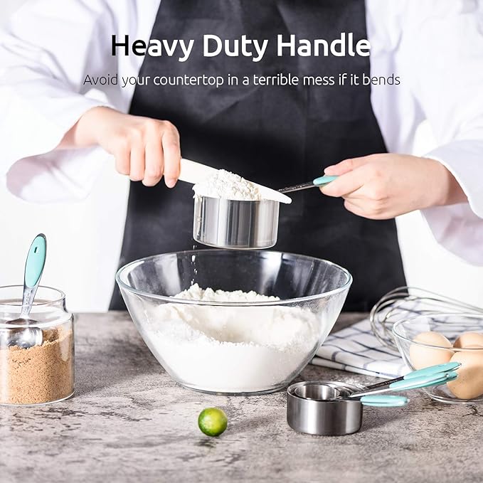 U-Taste 18/8 Stainless Steel Measuring Cups and Spoons Set of 10 Piece, Upgraded Thickness Handle and 1.5oz Heat Resistant Angled Turkey Baster with Cleaning Brush for Cooking Basting (Aqua Sky)