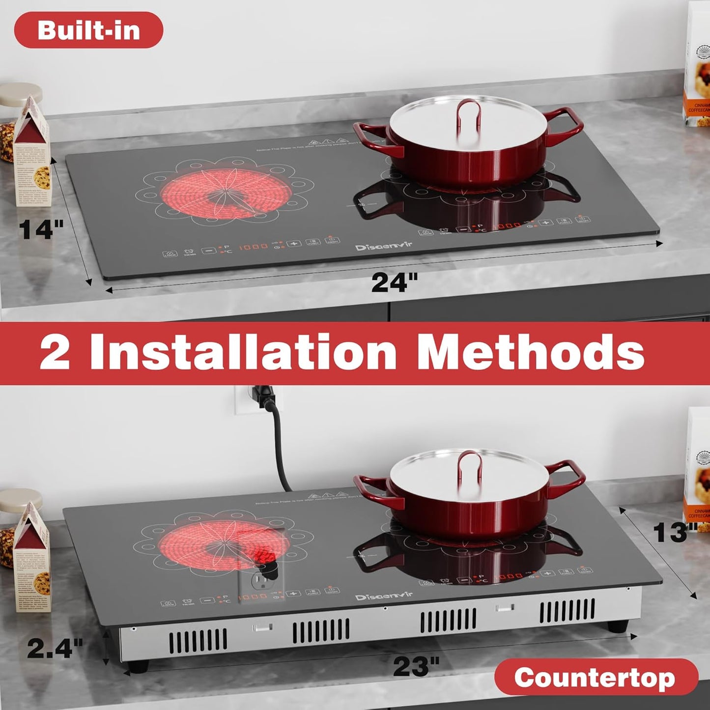 2 Burner Electric Cooktop - 24 Inch Electric Stove Built-in and Countertop, Portable Two Burner Ceramic Cook Top with Child Lock, Timer, Sensor Touch Control, 110V - 120V Plug in