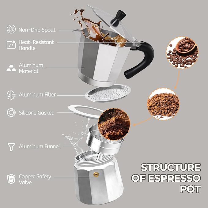 Aluminum 3 Cup 150ml Moka Pot Express Coffee Maker Stovetop Espresso Percolator Coffeemaker Italian Classic Style Brewing Greca Cafe Mocha Machine for Cafeteras Lover Camping Travel and Home Use 5oz