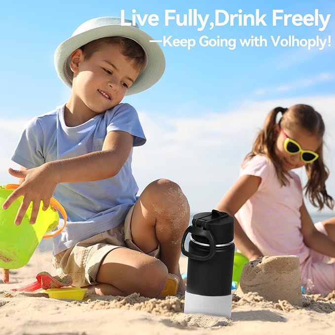 Volhoply 14oz KIds Water Bottle with Straw Lid and Silicone Boot Bulk 6 Pack,Stainless Steel Insulated Cups for Boys & Girls Multipack,Double Wall Vacuum Leakproof Bottles(Black,6)