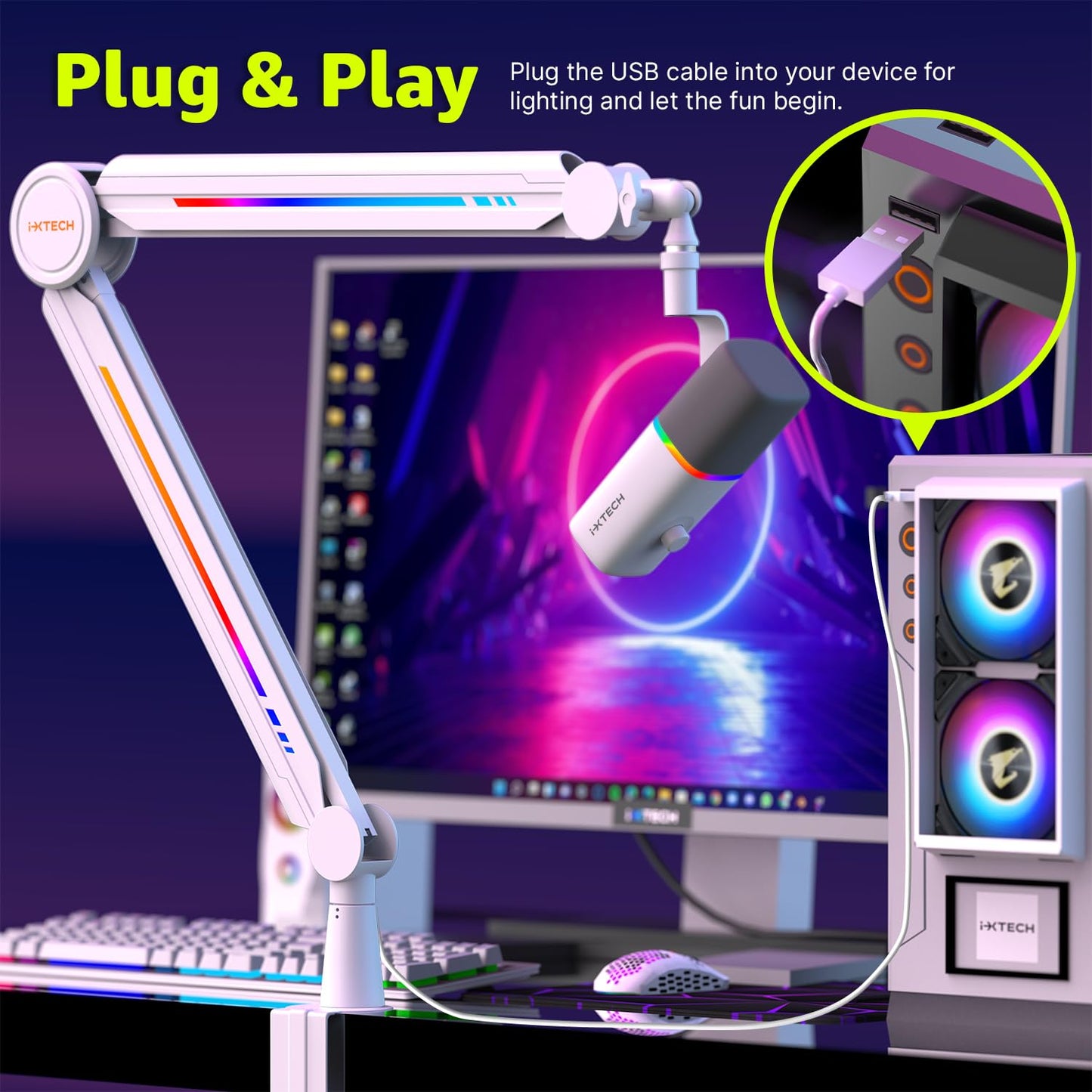 IXTECH RGB Mic Boom Arm High Profile, Overhead Boom Arm Microphone Stand Desk Mount, Adjustable Microphone Stand with Desk Mount, Mic Arm for Live Streaming Gaming Podcasting Recording (White)