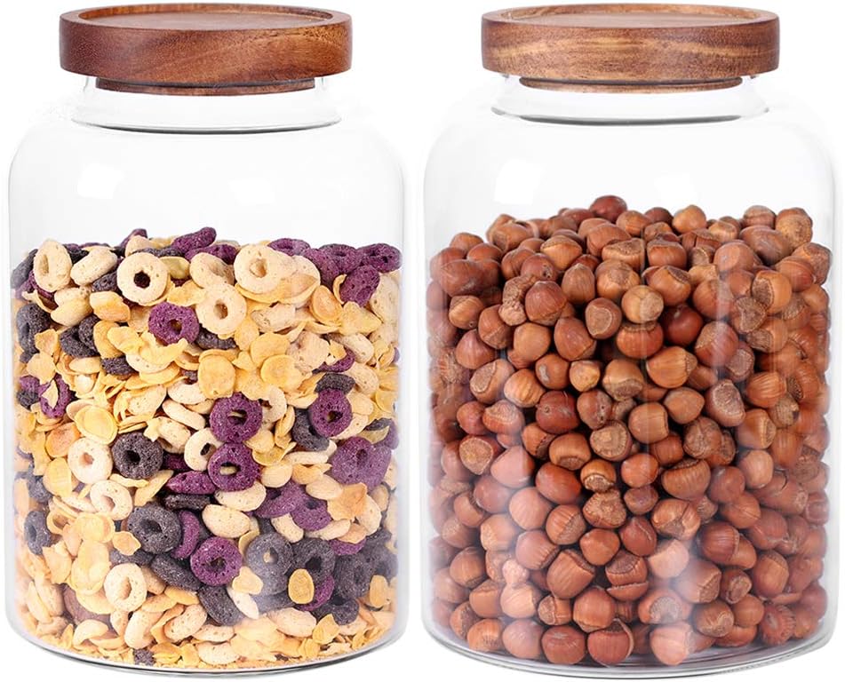 Thicken Glass Storage Jar, Food Storage Container/Canisters with Airtight Wooden Lid for Tea, Coffee, Honey, Cacao Powder,BPA Free Perfect as a Cereal Dispenser (7.6inch 2pcs)