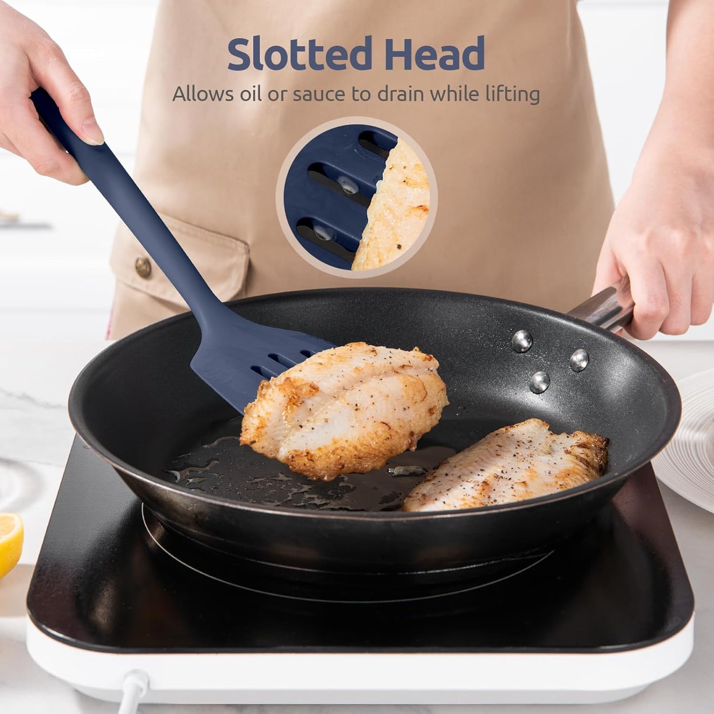 600ºF Heat Resistant Silicone Turners: U-Taste 13.6in Long Solid & Slotted Kitchen Spatula Flipper, Food Grade Wide & Large Flexible Cooking Utensils for Flipping Eggs, Pancakes (Midnight Blue, 2PCS)