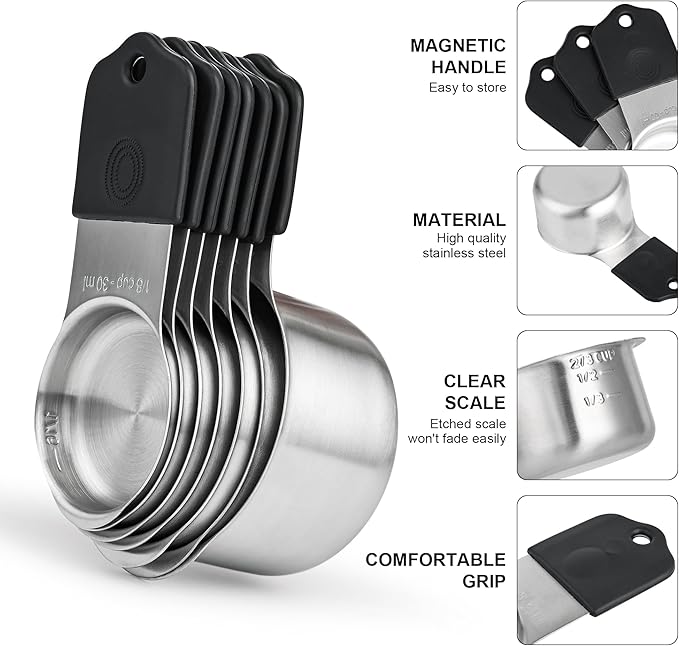 Magnetic Measuring Cups and Spoons Set 14, Stainless Steel Measuring Cups and Spoons Set, Heavy Duty Metric Measuring cups & Spoons with Leveler for Baking & Cooking, Black