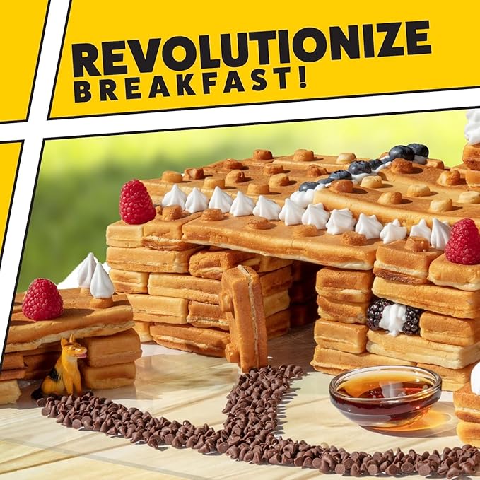 Building Brick Electric Waffle Maker- BLACK with 2 Construction Eating Plates- Cook Fun Shaped Waffles Pancakes like Houses, Cars & More- Stack & Build Creations on Serving Dishes, Morning Activity