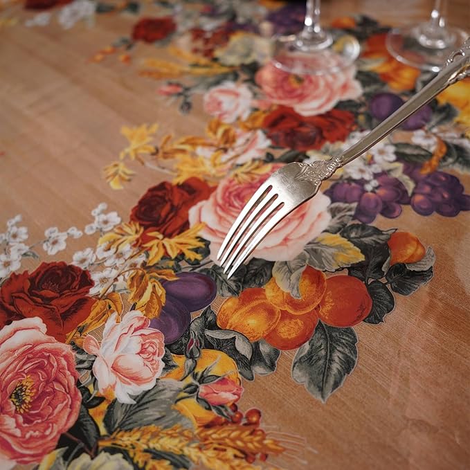 Clear Table Cover Protector Vinyl PVC Rectangle Table Cloth with Floral Fruit Pattern Oil Spill Proof Plastic Tablecloths for Dining Tables Parties Holidays (Floral Fruit, 55 x 104 Inches)