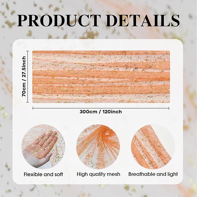Artoid Mode 6PCS Orange Gold Gauze Table Runner 120 Inch 10FT, Glitter Metallic Foil Sheer Dining Wedding Anniversary Holiday Table Decor for Home Party