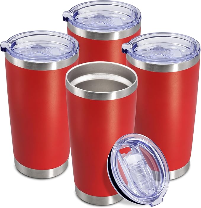 20 oz Tumbler Coffee Travel Tumblers Bulk with Lid Stainless Steel Double Wall Vacuum Insulated Mug Powder Coated Cups fit Car Cupholder for Hot and Cold - Red, 4Pack