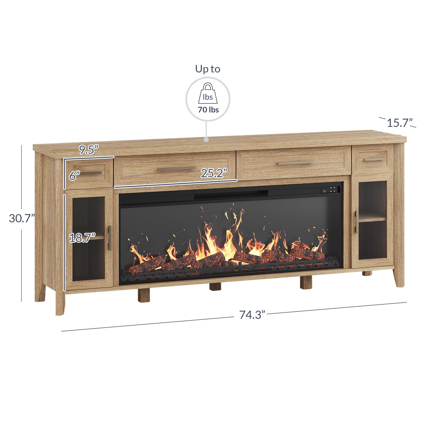 BELLEZE 74 Inch Rustic TV Stand with 48" Electric Fireplace, Extra Large Entertainment Center with Storage Cabinets & 4 Drawers, Media Console Table for Living Room Bedroom (Camel)