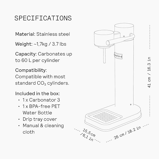 Aarke Carbonator lll with CO2 Cylinder, Sparkling & Carbonation Water Machine, Stainless Steel with PET BPA-Free Reusable Bottle Volume 1L/34 fl oz (Sand)