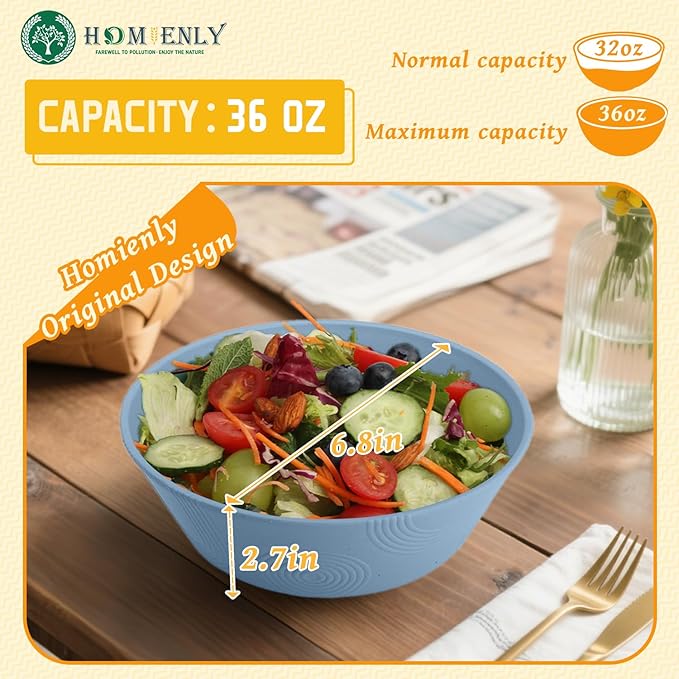 Homienly Alternatives Plastic Bowls - Cereal Bowls 36oz, Wheat Starw Bowl Set of 6, Microwave and Dishwasher Safe Bowls,Soup Bowl Sets for Kitchen,Serving Soup,Salad (Sky Blue)