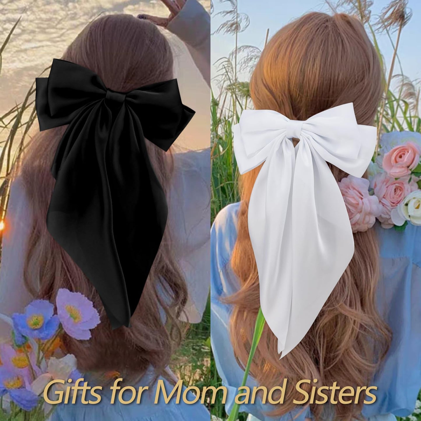 Velscrun Hair Bows for Women Girls 4Pcs White Silky Hair Bow Khaki Satin Large Coquette Bow Brown Big Hair Bows Clip Oversized Hair Ribbons Long Tail Black Bow Hair Barrettes Hair Accessories Gifts