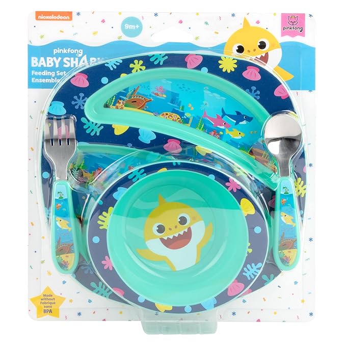 First Years Baby Shark Toddler Dinnerware Set - Includes Plate, Bowl, Fork and Spoon - 4 Count, Blue
