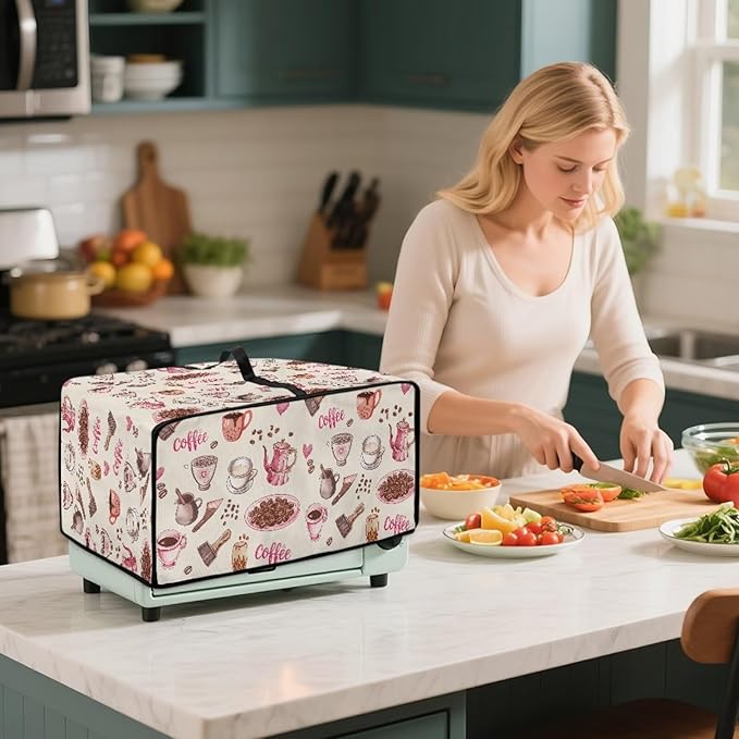 Toaster Oven Dust Cover Dustproof Stylish Convection Microwave Ovens Cover Stain-resistant Small Countertop Appliance Protector, L, Coffee Mocha Pot Beige Pink
