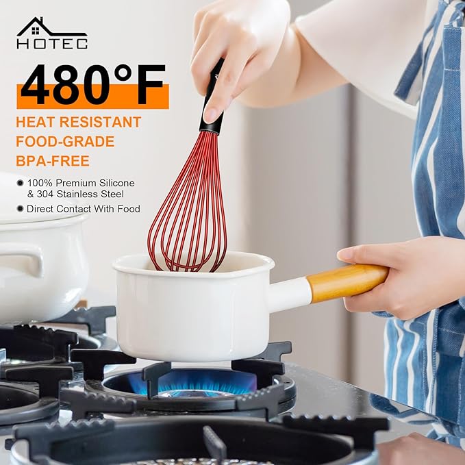 HOTEC 4 Pieces Silicone Whisks Set, Wire Balloon Whisks Egg Beater, Non-slip Handle Whisk for Non-stick Cookware Perfect for Cooking, Stirring, Beating and Blending (Red)