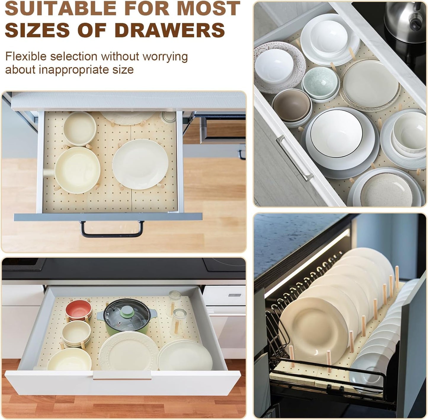 Kigley 12 Pcs Pegboard Drawer Organizer with 96 Drawer Peg Wood Peg Board Wooden Kitchen Plate Organizer for Dishes Food Containers Cookware Utensils(17 Inch,Wood Color)