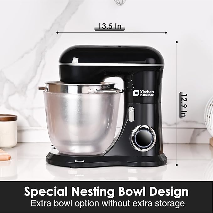 Kitchen in the box Stand Mixer, 5QT Two bowls Electric Food Mixer, 10 Speeds 3-IN-1 Kitchen Mixer for Daily Use with Egg Whisk,Dough Hook,Flat Beater (Black, 5QT)