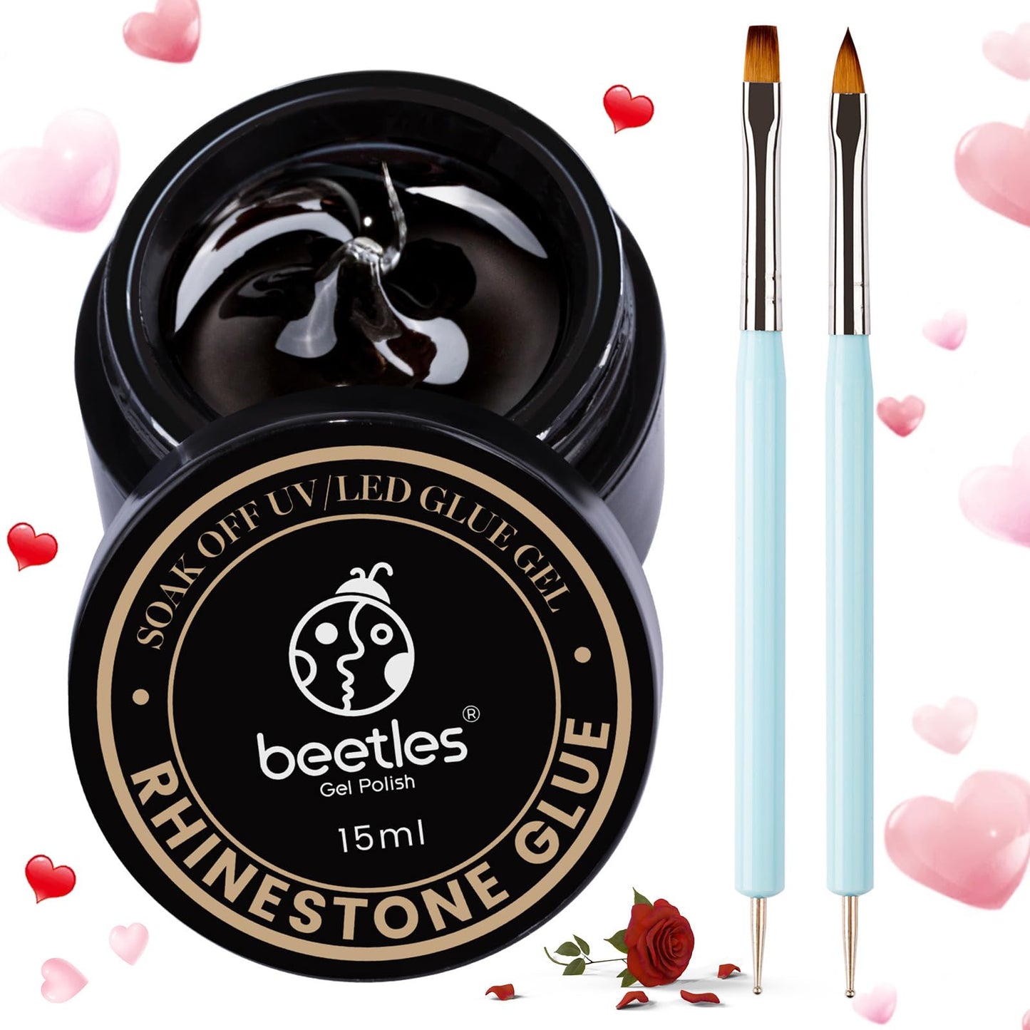 Beetles Rhinestone Glue for Nails Nail Gem Glue for Nail Art Adhesive Resin Gems Diamonds Jewelry Decoration Soak Off Led Lamp with 2 Dual Purpose Brush Pen Gift for Girls