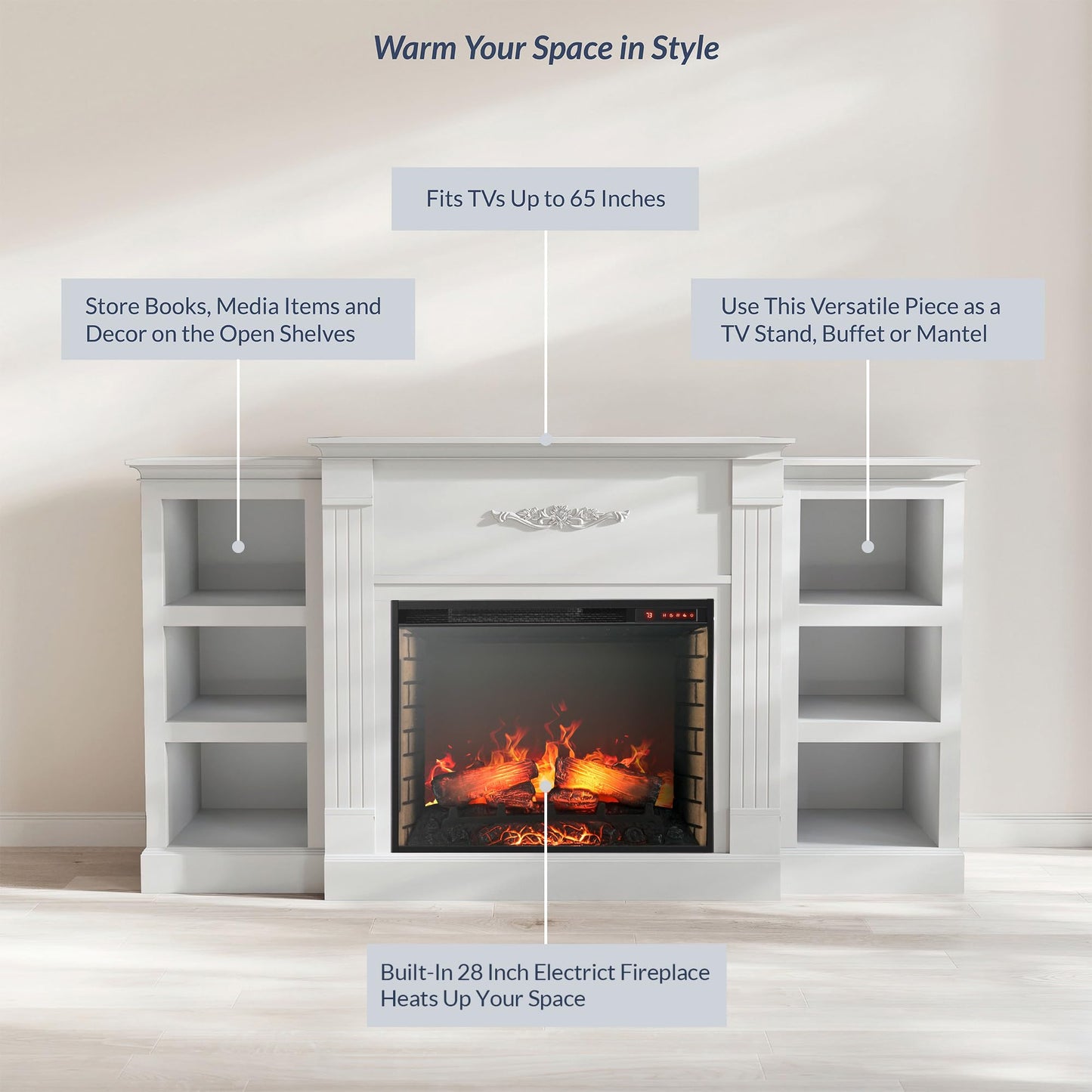 BELLEZE Modern 70" Electric Fireplace Heater Mantel TV Stand & Media Entertainment Center for TVs up to 68" with Energy-Efficient Heater with Sound and Side Book Shelves - Lenore (White)