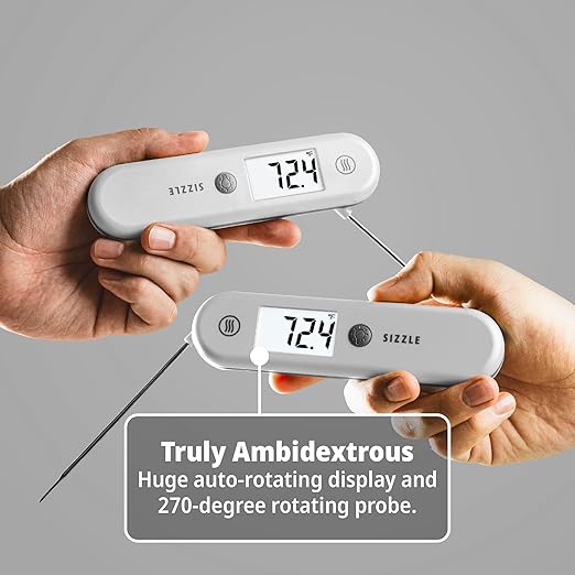 ThermoWorks Sizzle Digital Meat Thermometer – Instant Read in 2 Seconds, Waterproof, Folding Probe with Magnetic Back, Auto-Rotating Backlit Display, for Cooking Food, Grill & BBQ - Dove Grey