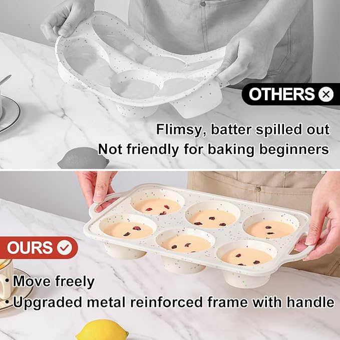 CAKETIME Large Muffin Pan, Metal Reinforced Frame 3.5 Inch Jumbo Silicone Muffin Pan Nonstick 6 Cups for Baking Jumbo Muffin, Frittatas, Jumbo Cupcakes 2 Pack Confetti