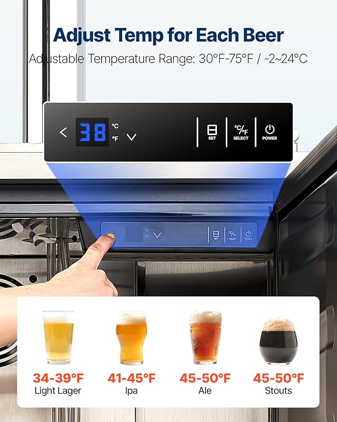 VEVOR Beer Kegerator, Triple Tap Commercial Draft Beer Dispenser for D system, Full Size Keg Refrigerator with 5lbs CO2 Tank, Hold 3 Sixth/2 Slim/3 Ball lock keg (3 taps - D system - stainless steel)