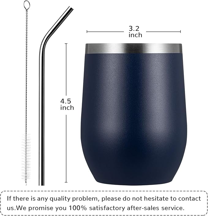 MEWAY Stemless 12oz Wine Tumbler Glasses with Lid -Insulated Double Wall Vacuum Stainless Steel Travel Tumbler with Straw,for Woman Under 10 dollars (Navy,1)