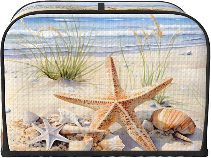 Toaster Cover 4 Slice Watercolor Starfish Seashell Beach Waterproof Appliance Cover with Hang Loop Bread Baker Toaster Cover for Kitchen