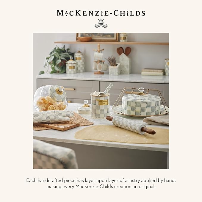 MACKENZIE-CHILDS Enamel Salad and Dessert Plate, Small Plate for a Dessert or Appetizer Dish, 8 Inches, Set of 4, Gray-and-White Sterling Check