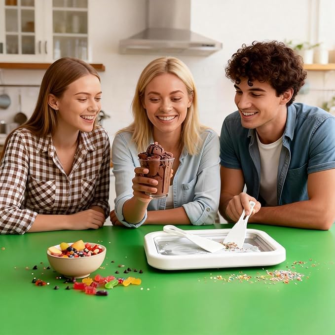 Rolled Ice Cream Maker, New At-Home Ice Cream Roller Maker, DIY Fun Family Activity Instant Ice Cream Tray with Instant Freeze Tray and 2 Scrapers(White+Pink)
