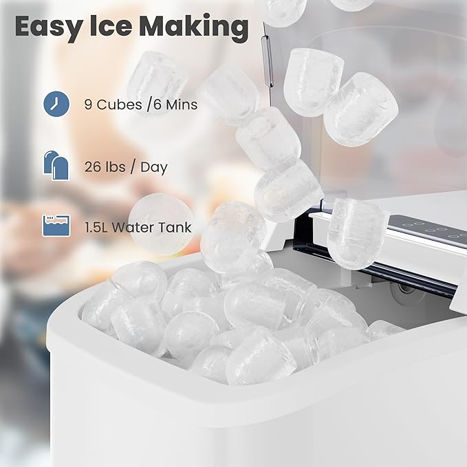 DUMOS Countertop Ice Maker with Handle, 26lbs/24H Portable Ice Machine, 9 Bullet Cubes Ready in 6 Mins, Self-Cleaning, Quiet Compact for Home, Kitchen, RV, Camping, White