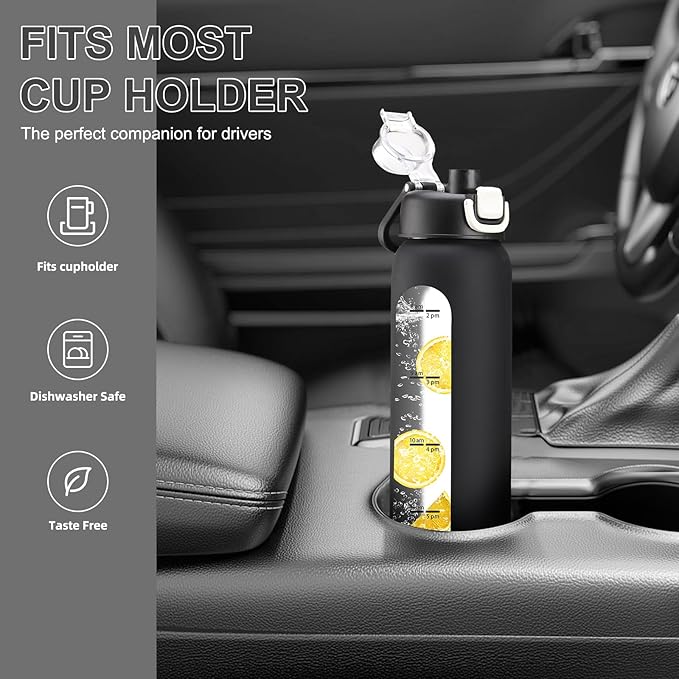 chunmo 24 oz Glass Water Bottles with 2 Lids-Handle Spout Lid & Straw Lid, Motivational Water Bottle with Time Marker and Silicone Sleeve,Leakproof-Black-1 Pack