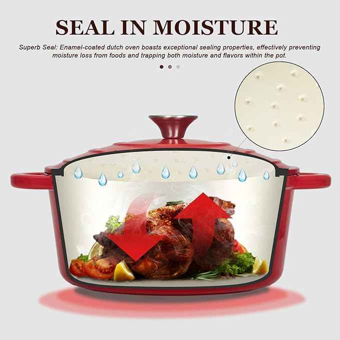 Overmont 5.5QT Enameled Cast Iron Dutch Oven with Lid Cookbook Heavy-Duty Casserole with Dual handles for Braising, Stews, Roasting, Bread Baking