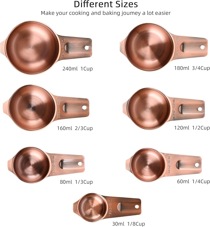Copper Measuring Cups and Spoons Set 17, Stainless Steel 7 Measuring Cup and 9 Spoons for Dry & Liquid, Metric & US Metal Measuring Cups and Spoons Set &Leveler for Baking & Kitchen