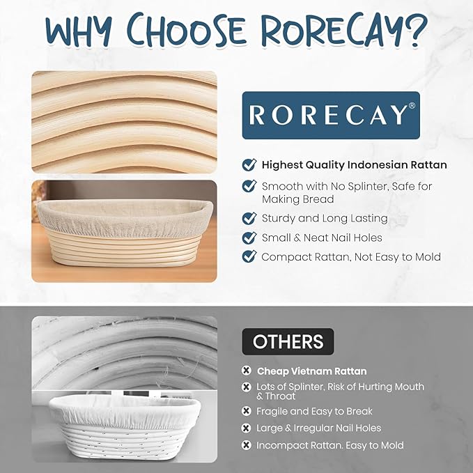 Rorecay Banneton Bread Proofing Baskets Set of 2, 9 Inch Round Cane Sourdough Bread Rising Basket Bowls with Sourdough Bread Making Tools Baking Supplies for Sour Dough Proofing Fermentation