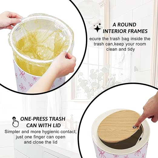 Trash Can with Lid Seamless Pink Ribbon Bow Press Top Round Small Garbage Bin with Wooden Legs Waste Basket for Kitchen Bedroom Nursery 7L/1.8 Gallon