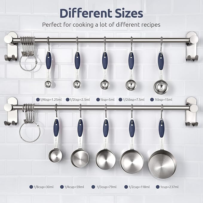 U-Taste 18/8 Stainless Steel Measuring Cups and Spoons Set of 10 and 12.6in Stainless Steel Danish Dough Whisk (Midnight Blue)