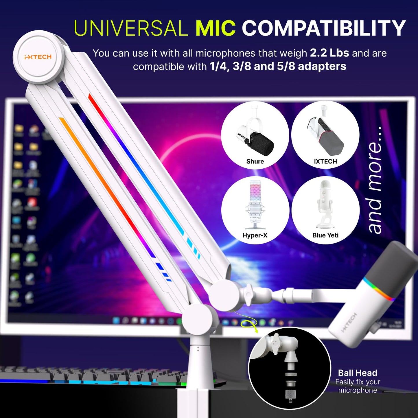 IXTECH RGB Mic Boom Arm High Profile, Overhead Boom Arm Microphone Stand Desk Mount, Adjustable Microphone Stand with Desk Mount, Mic Arm for Live Streaming Gaming Podcasting Recording (White)