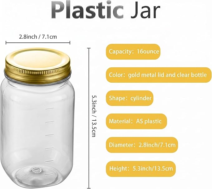 novelinks 16 oz Clear Plastic Jars with Lids, Refillable 16oz Mason Jars with Lids & Storage Containers for Kitchen & Household Use (20 Pack,Gold)