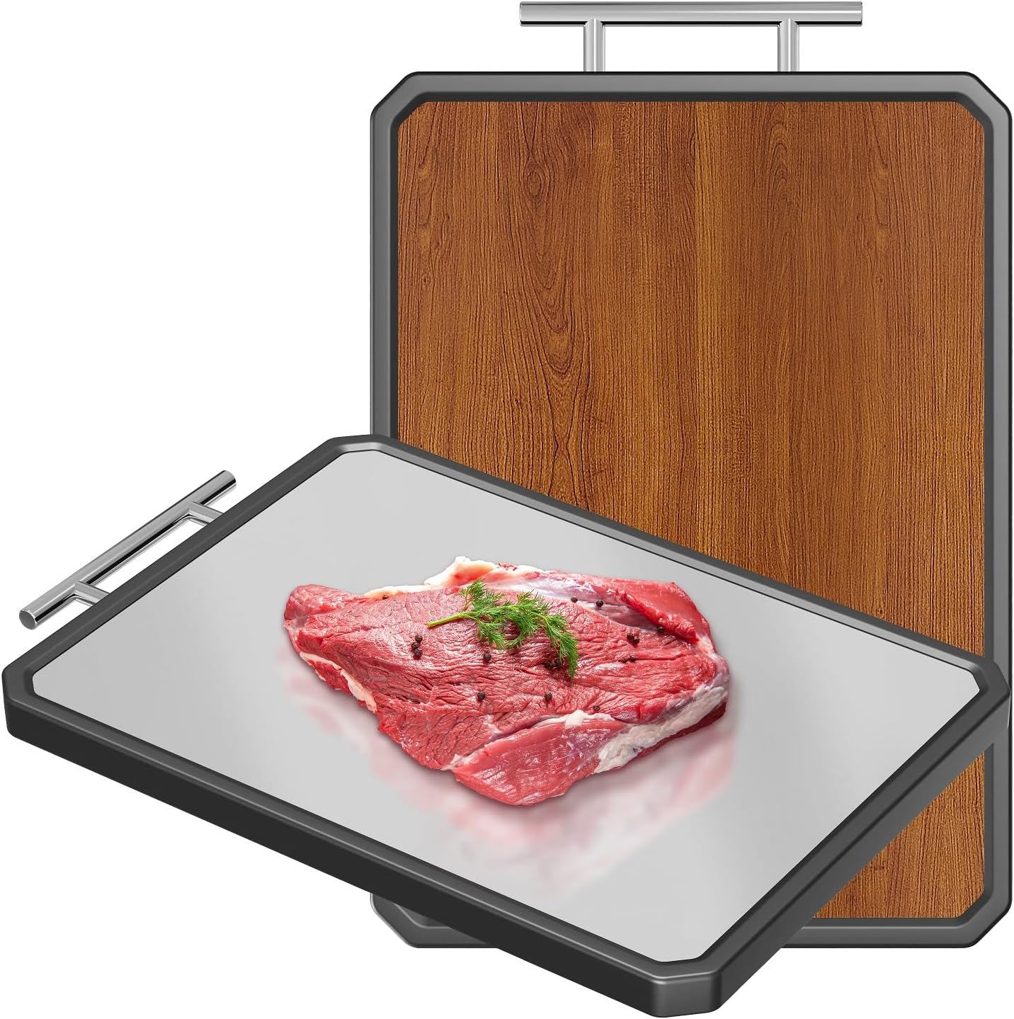Wood Cutting Board with Handle, Double Sided Cutting Board for Kitchen, 16 * 11 inch 304 Stainless Steel Chopping Board for or Kitchen Meal Prep Serving