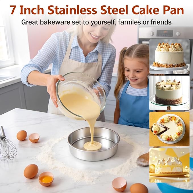 P&P CHEF 7 Inch Cake Pan Set of 3, 3 Pieces Round Layer Cake Baking Pans, Stainless Steel Smash Cake Tin Bakeware for Cooking Steaming, Nontoxic & Sturdy, Oven & Dishwasher Safe