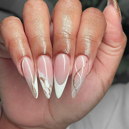White French Tip Press on Nails Almond Medium Fake Nails Pink False Nails with Design Glitter Swirl Glossy Full Cover Acrylic Glue on Nails Artificial Stick on Nails for Women Manicure 24Pcs