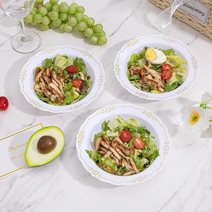 DaYammi 50 Pack Plastic Bowls with Gold Rim, 12oz Disposable Soup Bowls, Heavy Duty Dinner Bowls for Weddings, Parties, Dinners, Catering and Everyday Use